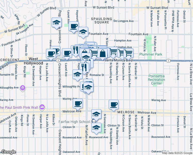 map of restaurants, bars, coffee shops, grocery stores, and more near 939 North Ogden Drive in West Hollywood
