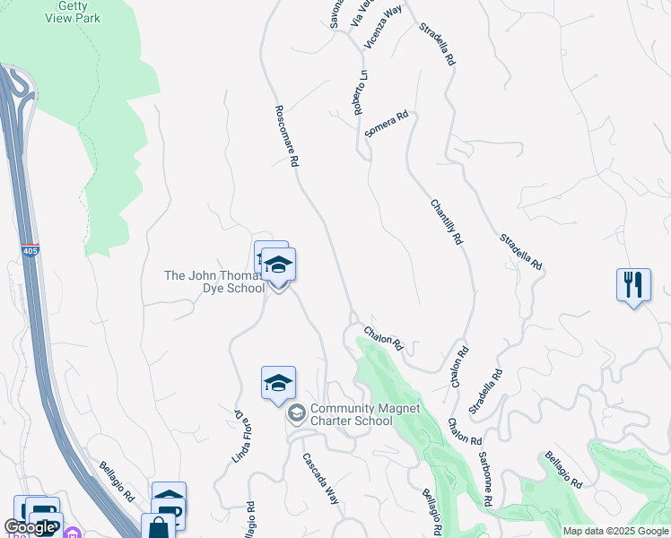map of restaurants, bars, coffee shops, grocery stores, and more near 1011 Roscomare Road in Los Angeles