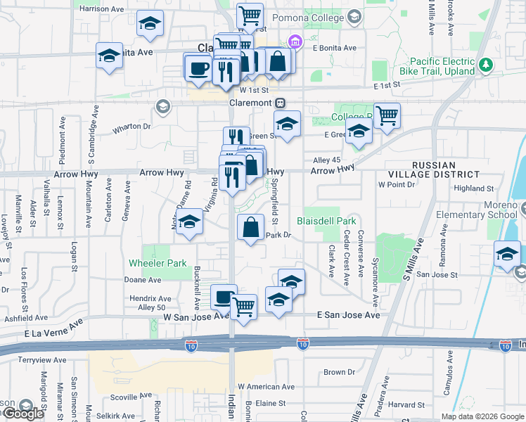 map of restaurants, bars, coffee shops, grocery stores, and more near 405 Saint Augustine Avenue in Claremont