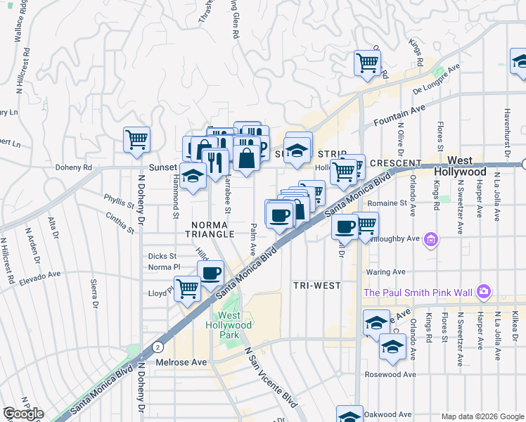 map of restaurants, bars, coffee shops, grocery stores, and more near 944 Palm Avenue in West Hollywood
