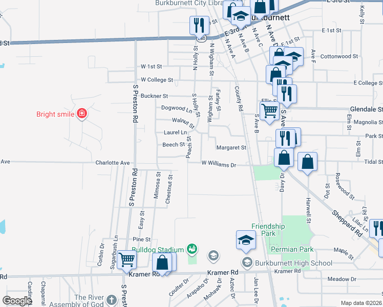 map of restaurants, bars, coffee shops, grocery stores, and more near 403 Peach Street in Burkburnett