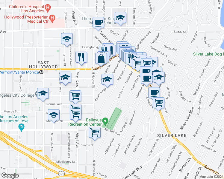 map of restaurants, bars, coffee shops, grocery stores, and more near 927 Hyperion Avenue in Los Angeles