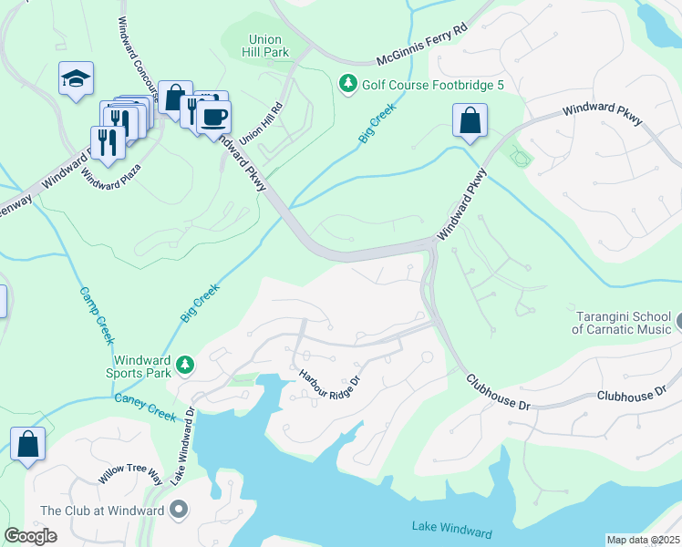 map of restaurants, bars, coffee shops, grocery stores, and more near 4415 Mariners Ridge in Alpharetta