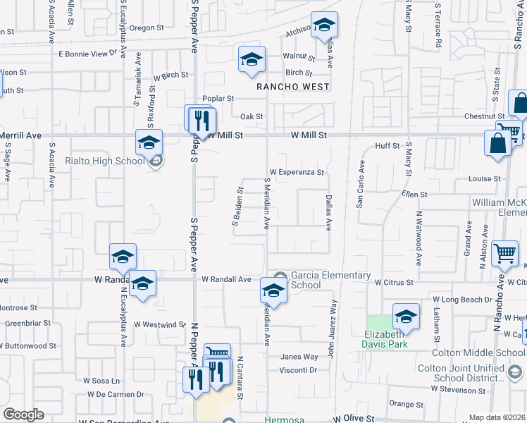 map of restaurants, bars, coffee shops, grocery stores, and more near 2742 West Jefferson Street in Rialto
