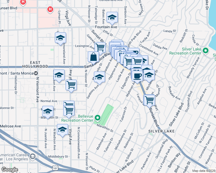 map of restaurants, bars, coffee shops, grocery stores, and more near 938 Hyperion Avenue in Los Angeles