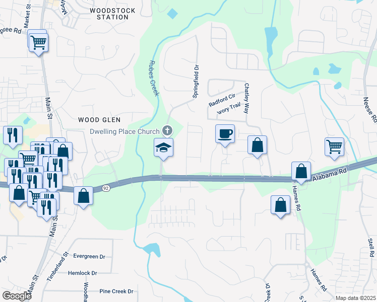map of restaurants, bars, coffee shops, grocery stores, and more near 145 Village Trail in Woodstock