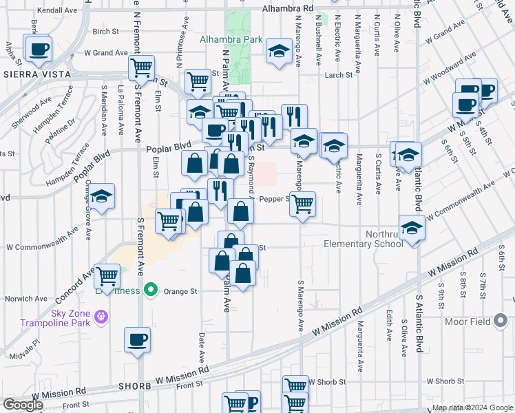 map of restaurants, bars, coffee shops, grocery stores, and more near 1904 Pepper Street in Alhambra