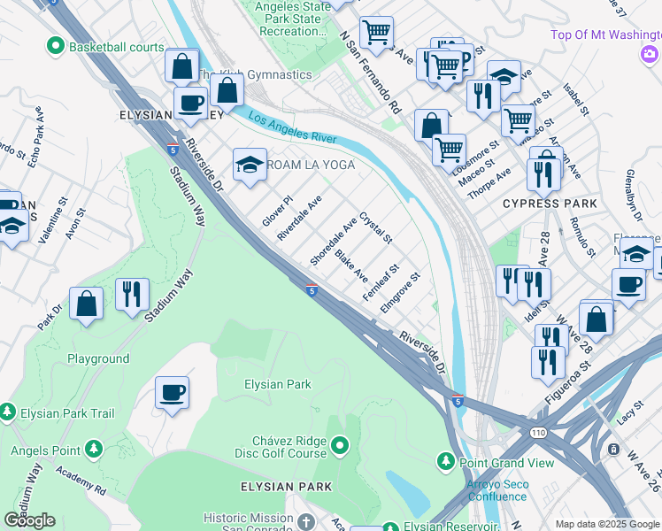map of restaurants, bars, coffee shops, grocery stores, and more near 2249 Harwood Street in Los Angeles