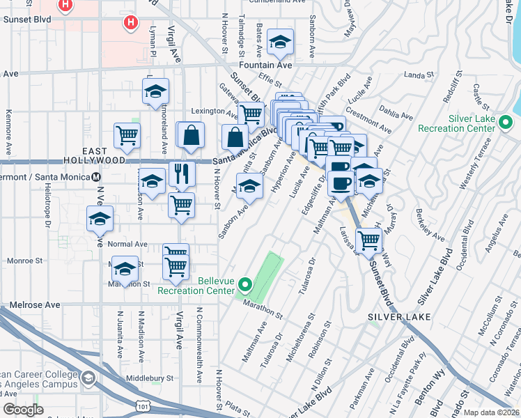 map of restaurants, bars, coffee shops, grocery stores, and more near 927 Hyperion Avenue in Los Angeles