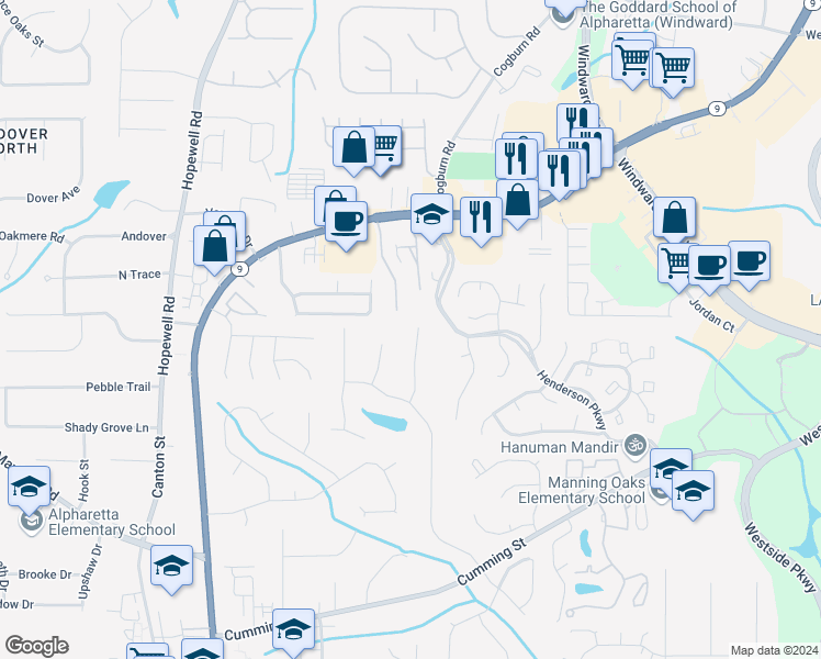 map of restaurants, bars, coffee shops, grocery stores, and more near 160 John Christopher Drive in Alpharetta
