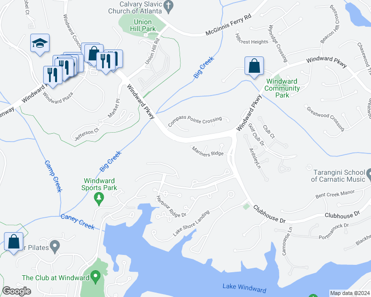 map of restaurants, bars, coffee shops, grocery stores, and more near 4350 Mariners Ridge in Alpharetta