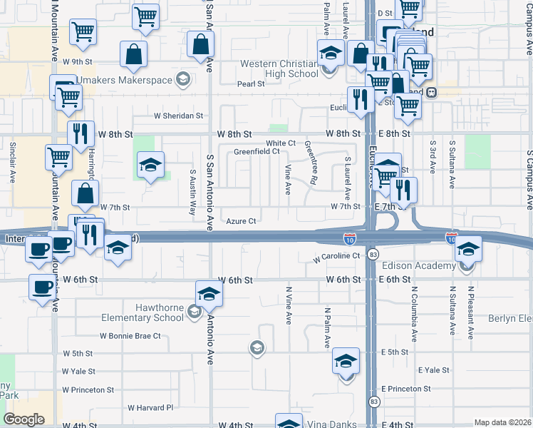 map of restaurants, bars, coffee shops, grocery stores, and more near 418 South Tulare Way in Upland