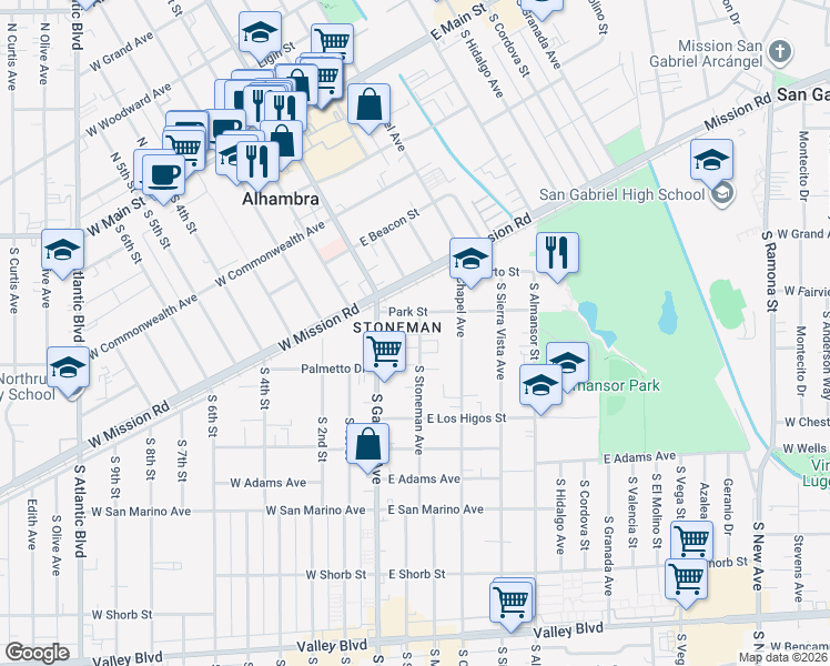 map of restaurants, bars, coffee shops, grocery stores, and more near 24 Park Street in Alhambra