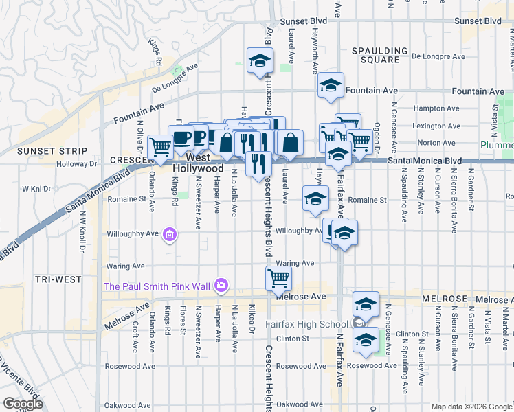 map of restaurants, bars, coffee shops, grocery stores, and more near 1006 Havenhurst Drive in West Hollywood