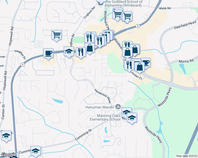 map of restaurants, bars, coffee shops, grocery stores, and more near 1855 Millstone Court in Alpharetta