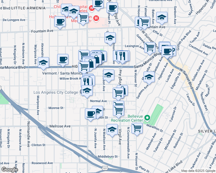 map of restaurants, bars, coffee shops, grocery stores, and more near 4348 Lockwood Avenue in Los Angeles
