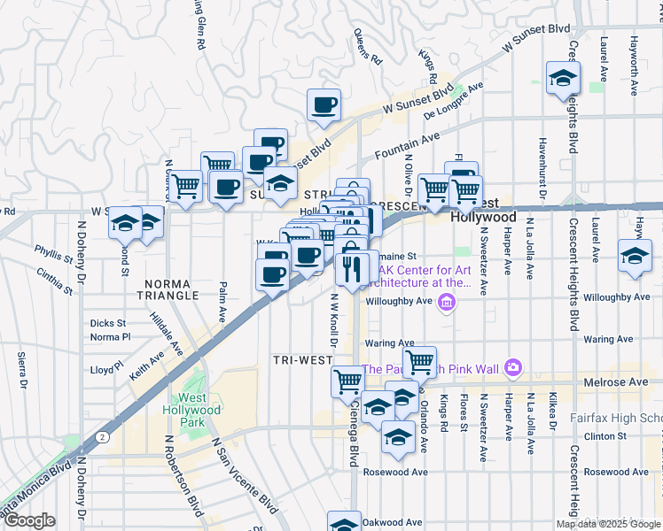 map of restaurants, bars, coffee shops, grocery stores, and more near 8550 Santa Monica Boulevard in West Hollywood