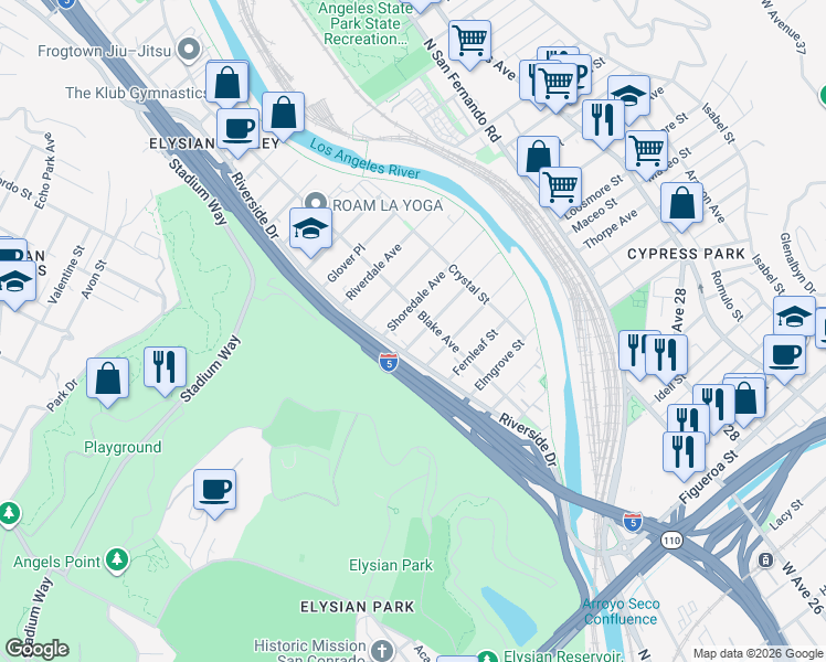 map of restaurants, bars, coffee shops, grocery stores, and more near 2249 Harwood Street in Los Angeles