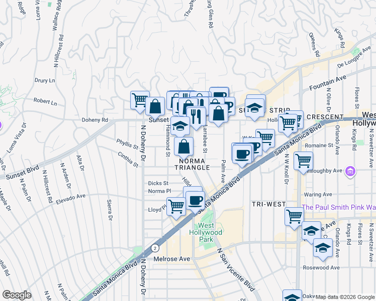 map of restaurants, bars, coffee shops, grocery stores, and more near 941 North San Vicente Boulevard in West Hollywood