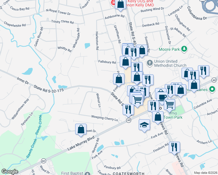 map of restaurants, bars, coffee shops, grocery stores, and more near 7522 Irmo Drive in Columbia