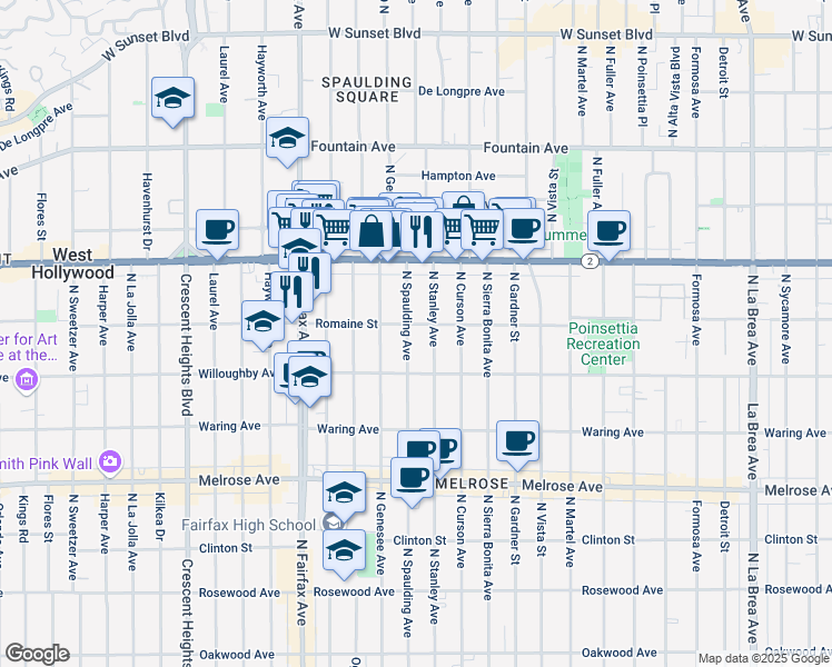 map of restaurants, bars, coffee shops, grocery stores, and more near 942 North Spaulding Avenue in West Hollywood