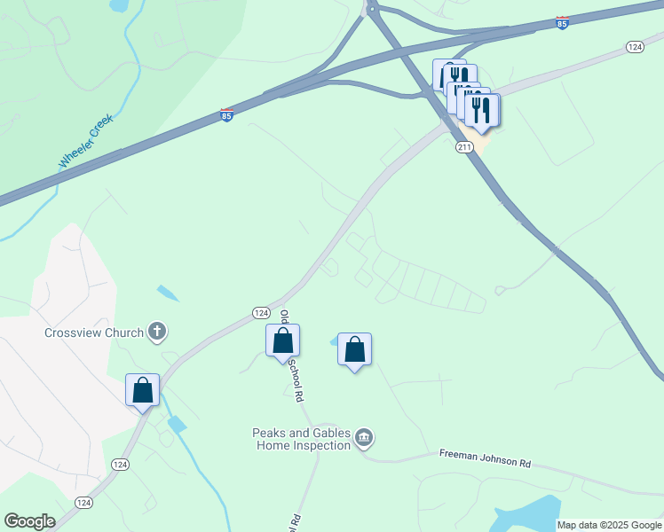 map of restaurants, bars, coffee shops, grocery stores, and more near 1106 Georgia 124 in Hoschton