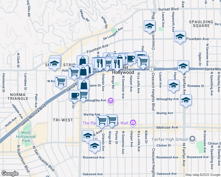 map of restaurants, bars, coffee shops, grocery stores, and more near 949 Kings Road in West Hollywood