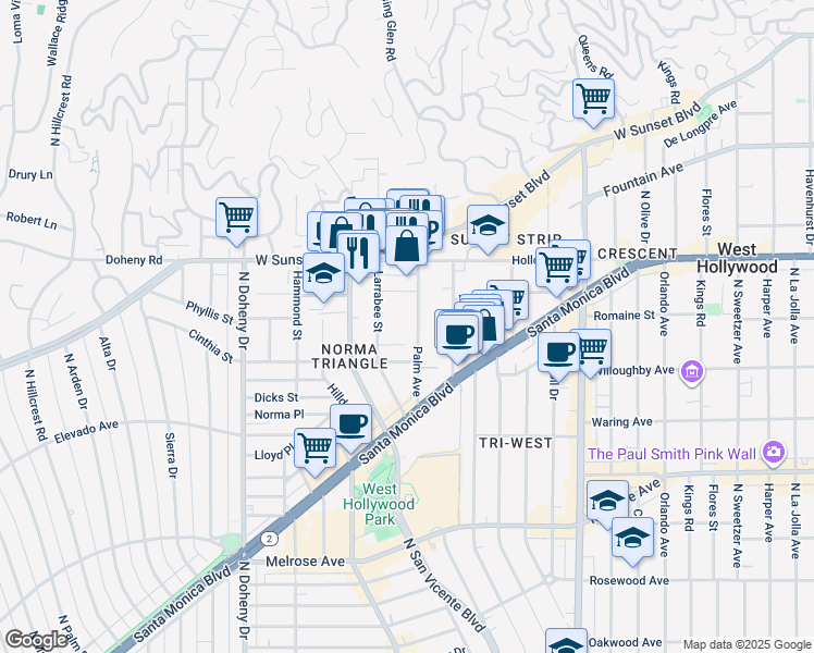 map of restaurants, bars, coffee shops, grocery stores, and more near 939 Palm Avenue in West Hollywood