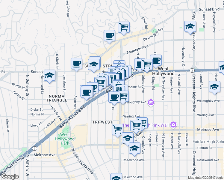 map of restaurants, bars, coffee shops, grocery stores, and more near 8550 Santa Monica Boulevard in West Hollywood