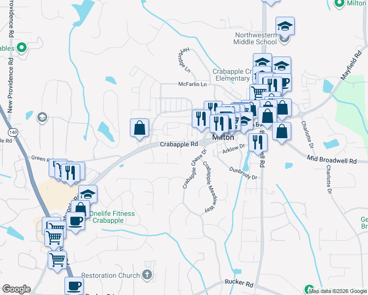 map of restaurants, bars, coffee shops, grocery stores, and more near 12597 Crabapple Road in Alpharetta