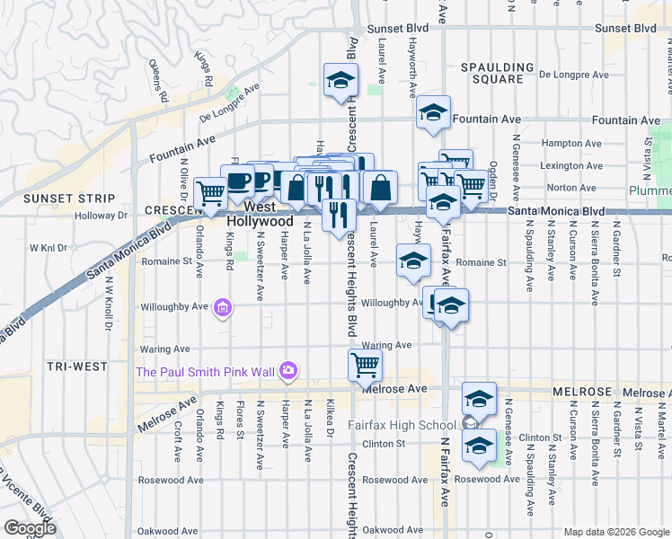 map of restaurants, bars, coffee shops, grocery stores, and more near 950 Havenhurst Drive in West Hollywood