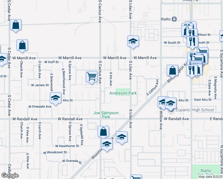 map of restaurants, bars, coffee shops, grocery stores, and more near 645 West James Street in Rialto