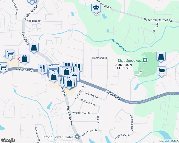 map of restaurants, bars, coffee shops, grocery stores, and more near 2012 Manassas Drive in Woodstock