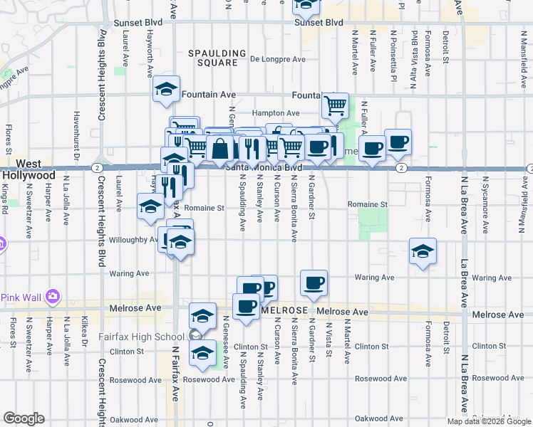 map of restaurants, bars, coffee shops, grocery stores, and more near 944 North Stanley Avenue in West Hollywood