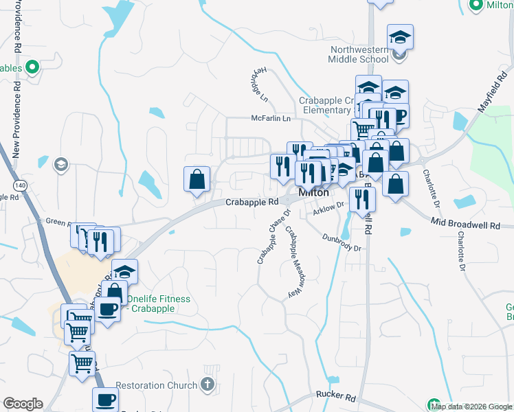 map of restaurants, bars, coffee shops, grocery stores, and more near 12597 Crabapple Road in Alpharetta