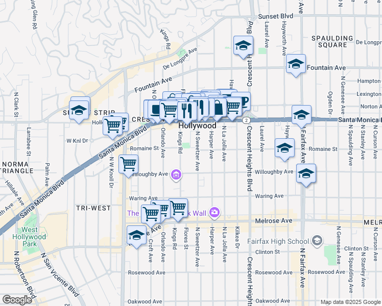 map of restaurants, bars, coffee shops, grocery stores, and more near 950 Kings Road in West Hollywood