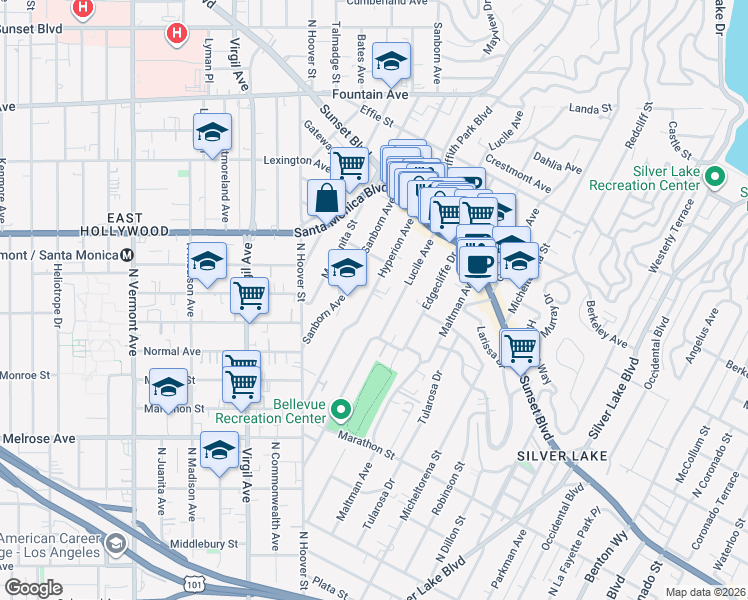 map of restaurants, bars, coffee shops, grocery stores, and more near 938 Hyperion Avenue in Los Angeles