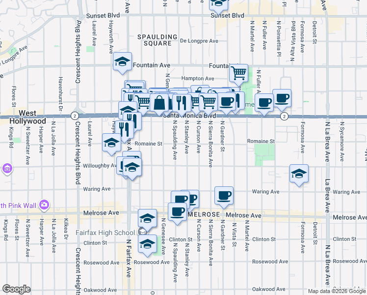 map of restaurants, bars, coffee shops, grocery stores, and more near 943 North Stanley Avenue in West Hollywood
