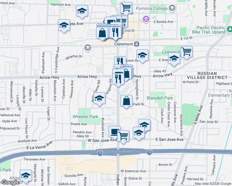 map of restaurants, bars, coffee shops, grocery stores, and more near 415 Lewis Court in Claremont