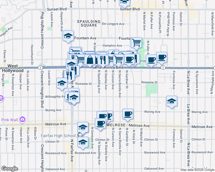 map of restaurants, bars, coffee shops, grocery stores, and more near 944 North Stanley Avenue in West Hollywood