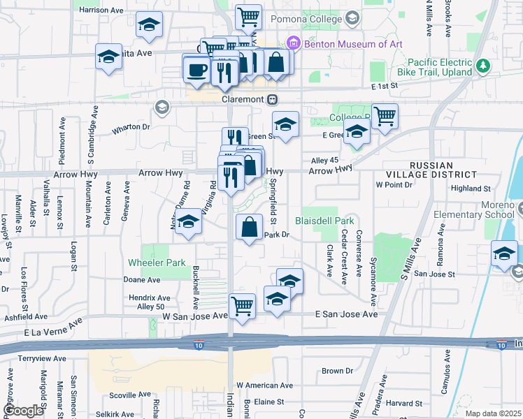 map of restaurants, bars, coffee shops, grocery stores, and more near 426 Saint Augustine Avenue in Claremont