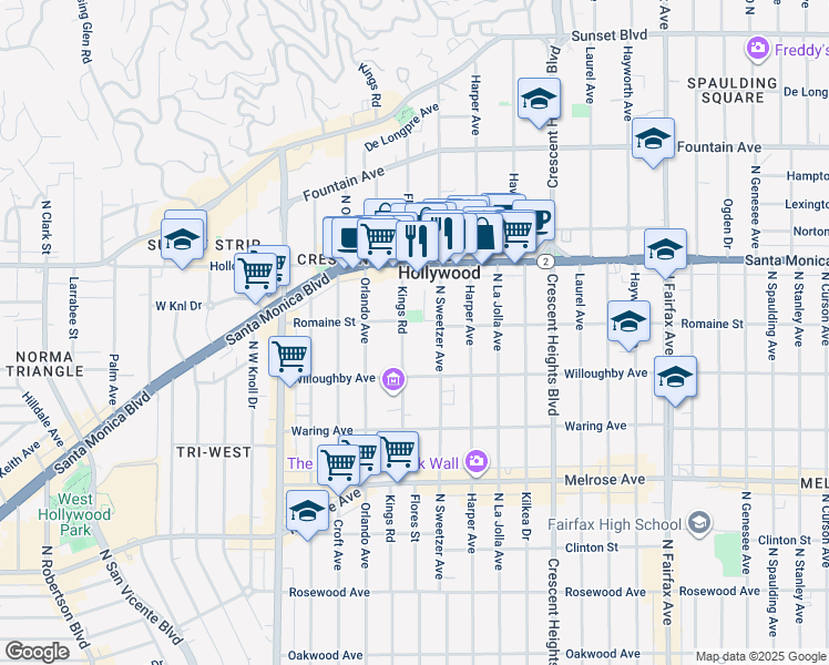 map of restaurants, bars, coffee shops, grocery stores, and more near 950 Kings Road in West Hollywood