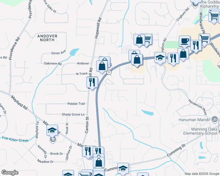map of restaurants, bars, coffee shops, grocery stores, and more near 2010 Winthrope Cmns in Alpharetta