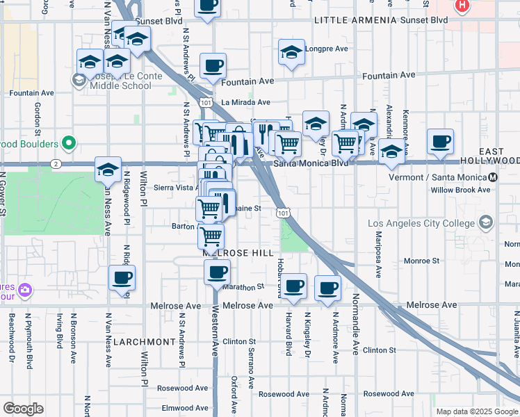 map of restaurants, bars, coffee shops, grocery stores, and more near Romaine Street & North Serrano Avenue in Los Angeles