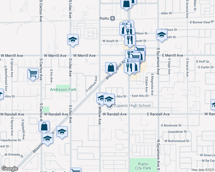 map of restaurants, bars, coffee shops, grocery stores, and more near 275 Bloomington Avenue in Rialto