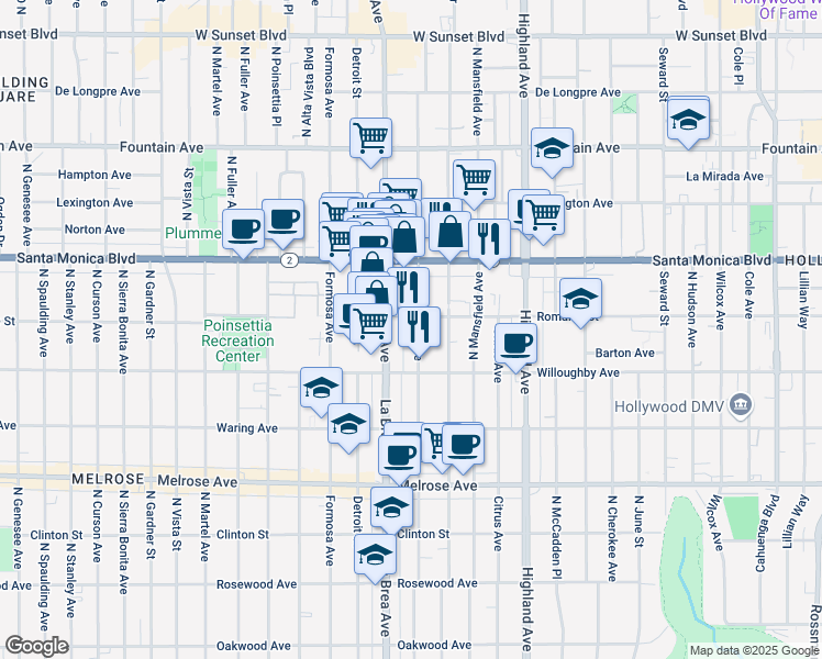 map of restaurants, bars, coffee shops, grocery stores, and more near 7045 Romaine Street in West Hollywood