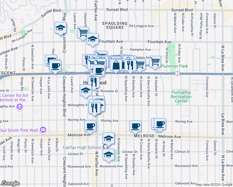 map of restaurants, bars, coffee shops, grocery stores, and more near 947 North Genesee Avenue in West Hollywood