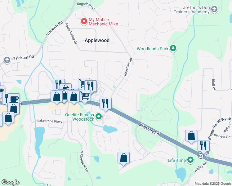 map of restaurants, bars, coffee shops, grocery stores, and more near 196 Cornerstone Place in Woodstock