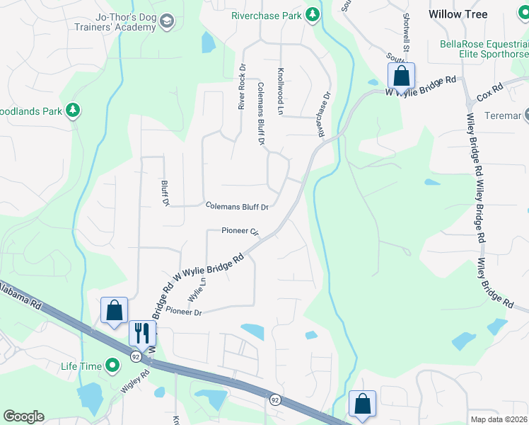 map of restaurants, bars, coffee shops, grocery stores, and more near 186 Colemans Bluff Drive in Woodstock