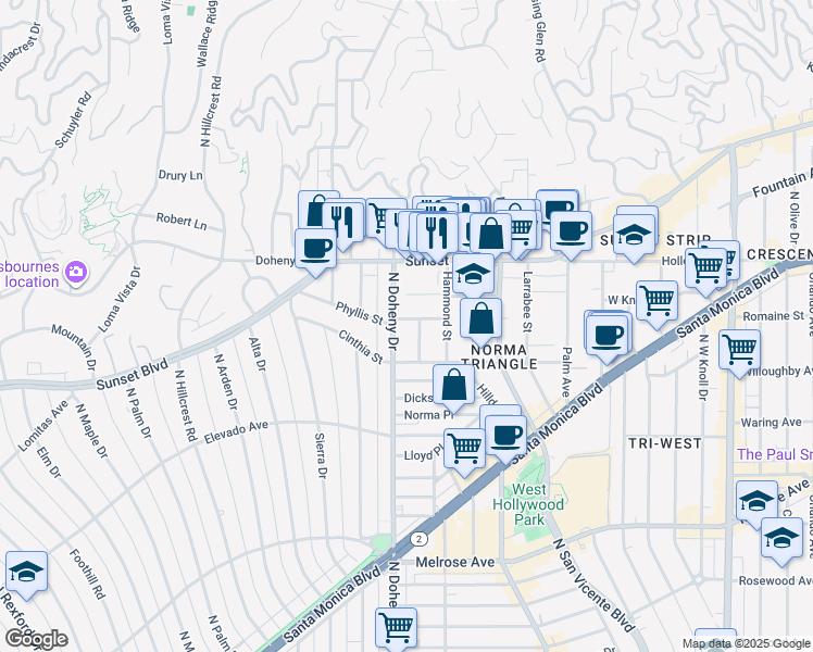 map of restaurants, bars, coffee shops, grocery stores, and more near 9039 Phyllis Avenue in West Hollywood